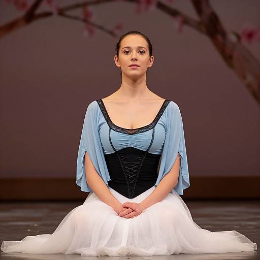 Photograph of a slender woman with fair skin and dark hair in an elegant blue and black dress with white tulle, sitting on stage against a backdrop