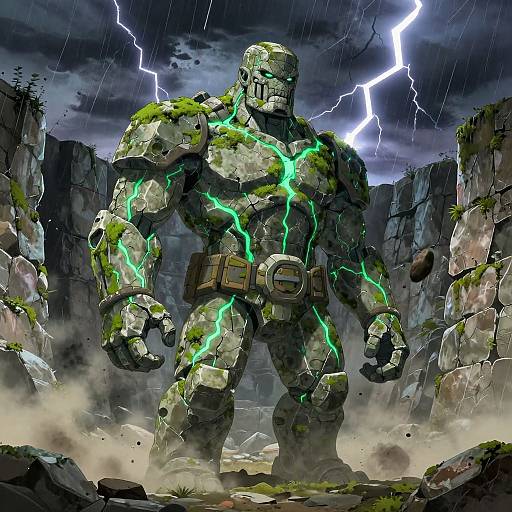 Digital art of a muscular, stone-like superhero with glowing green cracks, standing in a stormy, rocky landscape with lightning.