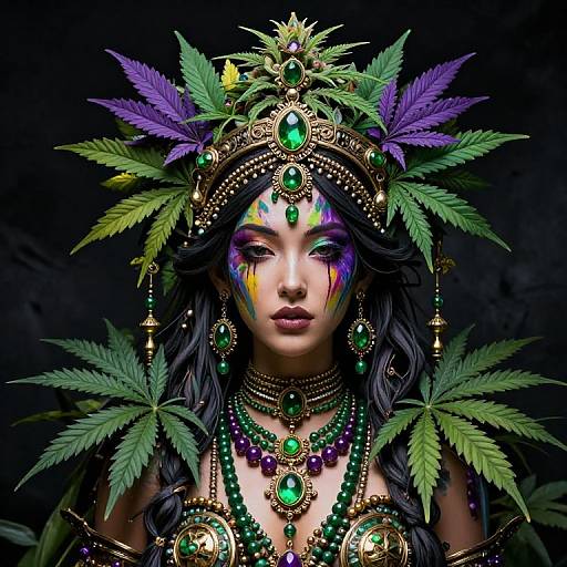 Digital art of a woman with colorful face paint, wearing a green and purple beaded crown adorned with leafy branches, and intricate jewelry, set against