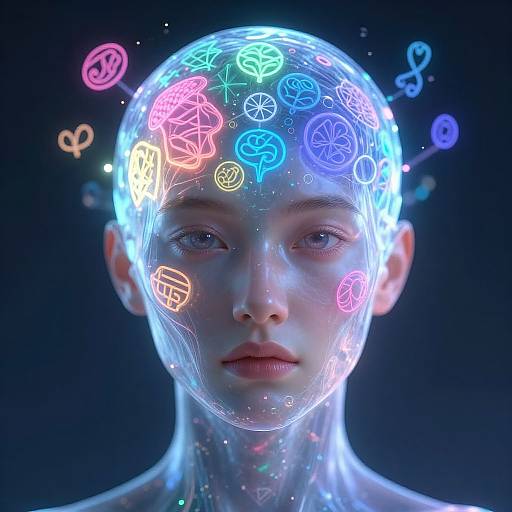 Digital CGI portrait of a translucent, neon-lit human face with glowing symbols and icons on the forehead, against a dark blue background.