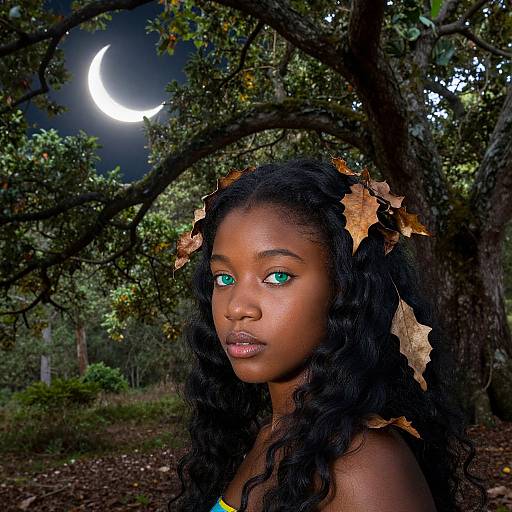 Photograph of a dark-skinned woman with green eyes, curly black hair adorned with autumn leaves, against a moonlit forest background.