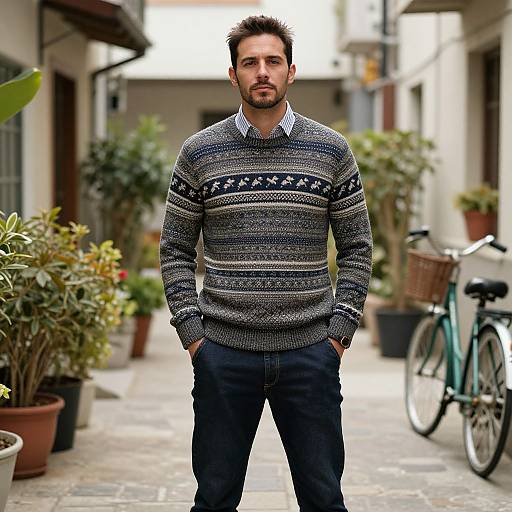 Photograph of a bearded man with short dark hair, wearing a gray patterned sweater and black pants, standing in a potted plant-lined urban