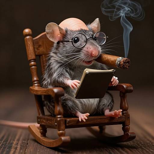 Photograph of a grey mouse with round glasses, smoking a cigar, reading a book in a wooden rocking chair.