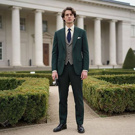 Photograph of a young man with curly hair, wearing a dark green suit, white shirt, and checkered vest, standing in front of a ne