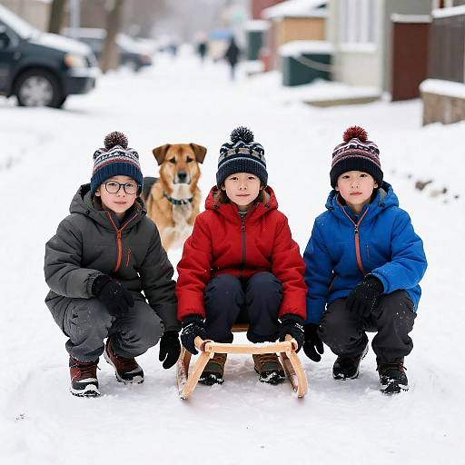 Winter Playtime: Kids and Dog in Snow