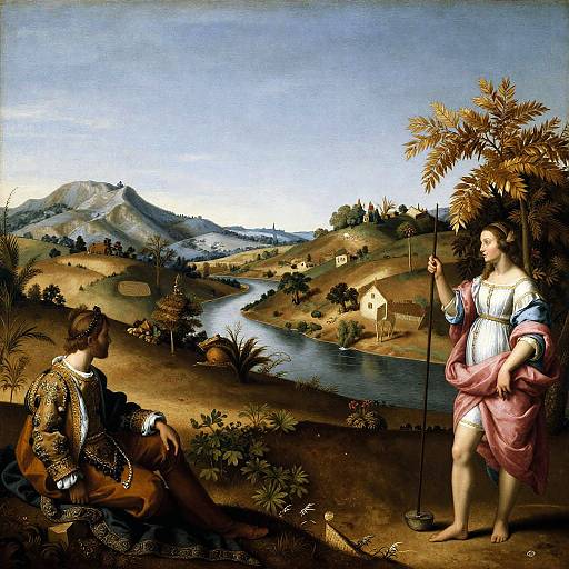 Renaissance painting of Mary Magdalene kneeling before a standing Jesus, with a river and village in the background. Jesus holds a staff, Mag