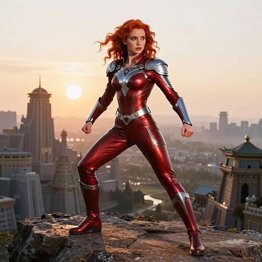 Redhead Superhero on Cliffside at Dawn