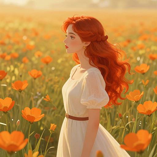 Digital art: Red-haired woman with wavy hair, wearing a white dress, stands in a sunlit field of vibrant orange poppies.