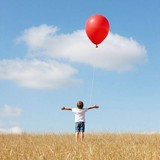 Photograph of a young boy in a white shirt and blue shorts, standing with arms outstretched, holding a bright red balloon, against a blue