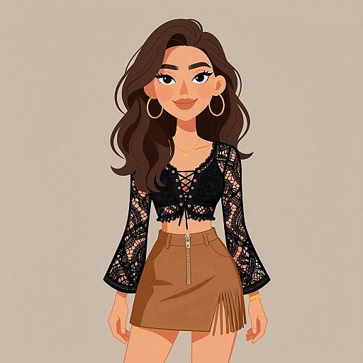 Digital illustration of a stylish woman with long brown hair, wearing a black lace crop top, brown fringe skirt, and large hoop earrings, smiling against a