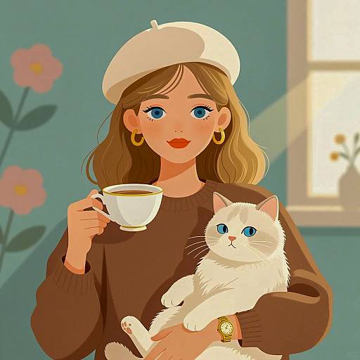 Charming Woman with Cat and Floral Background