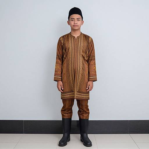 Photograph of a young boy standing against a white wall, wearing a brown, patterned traditional outfit and black boots, with a black cap on his