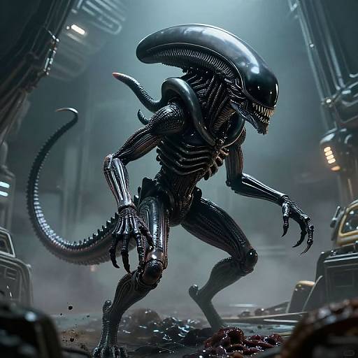CGI image of a muscular, black, bioluminescent Xenomorph with a long tail, sharp claws, and a sleek, alien head