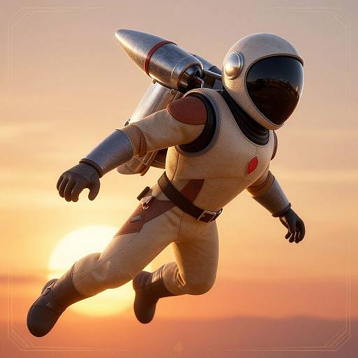 Photorealistic CGI of astronaut in white space suit with rocket backpack, black helmet, flying against a vibrant sunset sky.
