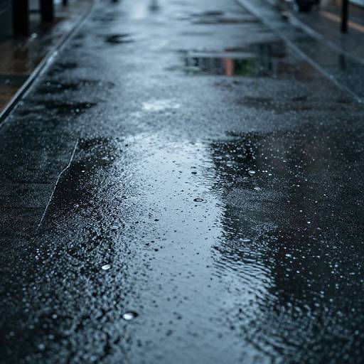 Photograph of a rain-soaked, glossy black sidewalk with scattered water droplets, reflecting bright, blurred city lights in the background.