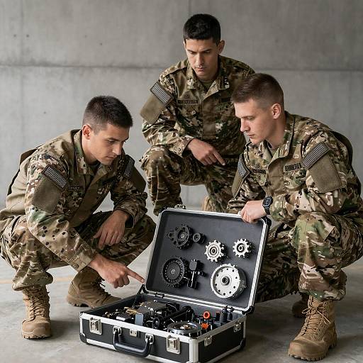 Soldiers Examining Mechanical Components in Camouflage