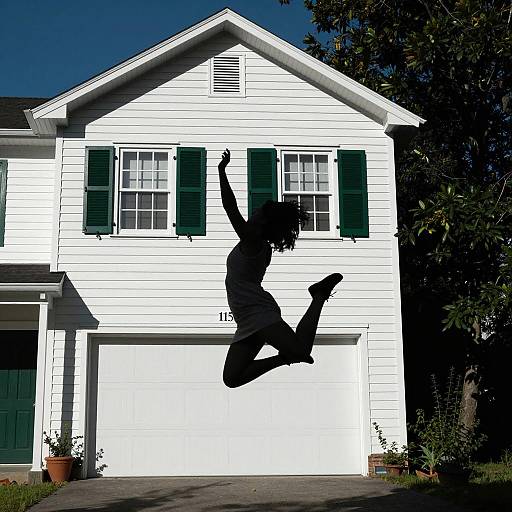 Silhouetted Woman Jumping in Front of House
