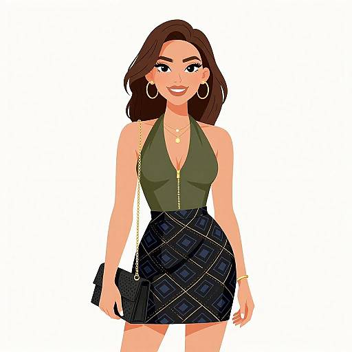 Digital illustration of a stylish woman with long brown hair, wearing a green halter top, black plaid skirt, hoop earrings, and a black hand