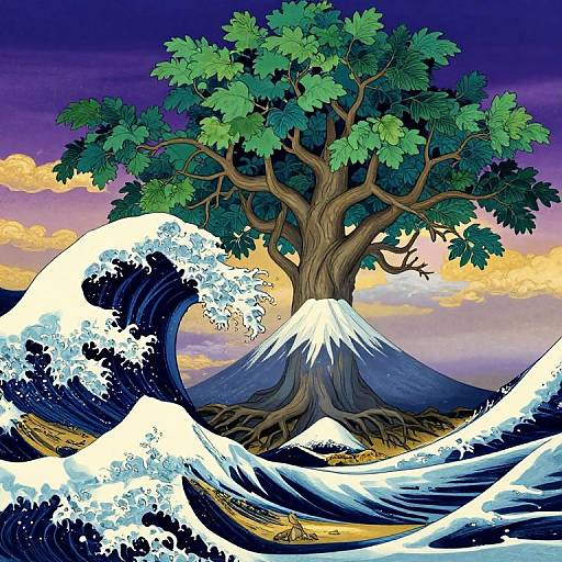 Digital art of a tree with green leaves growing from a snow-capped mountain, surrounded by large blue and white ocean waves, set against a purple and