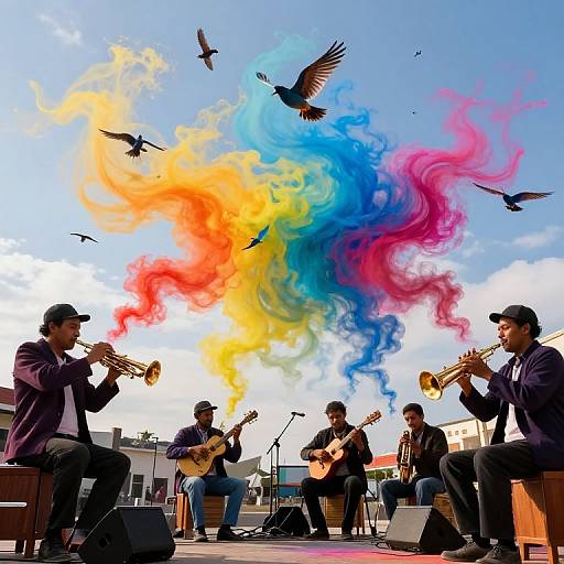 Photograph of five male musicians playing brass instruments and guitar, with vibrant rainbow smoke and flying birds against a clear blue sky. Urban rooftop setting, casual