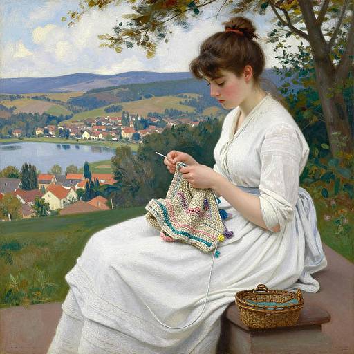 Painting of a fair-skinned woman with brown hair in a bun, wearing a white dress, knitting near a scenic hillside village.