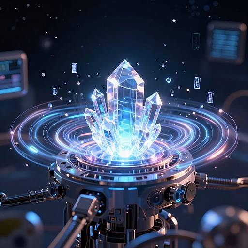 CGI image of glowing, blue crystal crystal formation emerging from a futuristic, ringed, robotic device against a dark, starry background.
