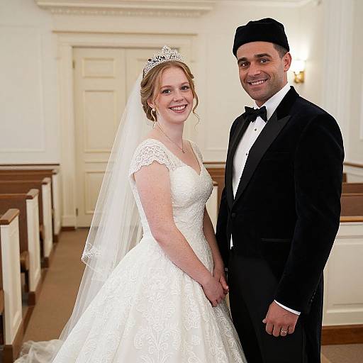 Photograph of a smiling bride in a white lace dress and veil, and groom in a black tuxedo and cap, standing in a church with