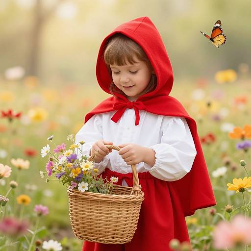 Photograph of a young girl in a red hooded cloak and white dress, holding a wicker basket of wildflowers, with a butterfly flying nearby