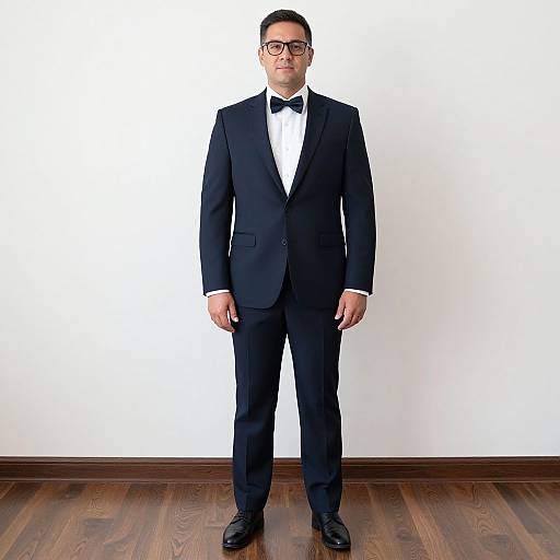 Photograph of a man with short dark hair, glasses, wearing a black tuxedo, white shirt, black bow tie, standing on wooden floor