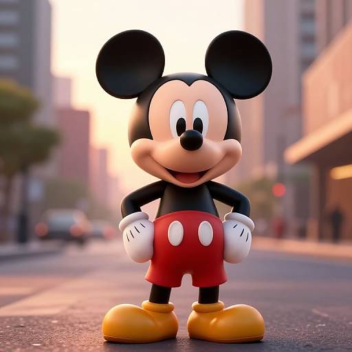 3D CGI image of Mickey Mouse standing on a sunlit urban street, wearing red shorts and yellow shoes, with blurred city buildings in the background.
