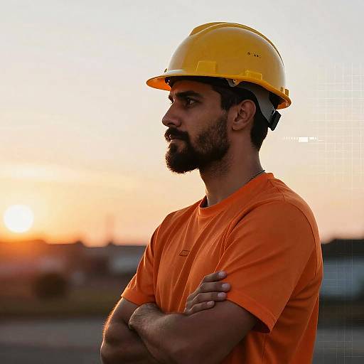 Photograph of a bearded man with a yellow hard hat and orange shirt, standing with arms crossed, at sunset.
