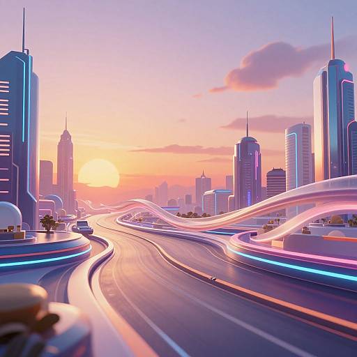 Digital CGI of a futuristic cityscape at sunset, showcasing vibrant light trails from cars on a winding highway, surrounded by sleek skyscrapers with neon lights