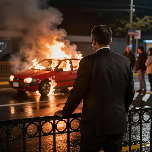 Intense Night Scene with Burning Car