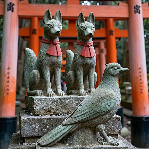 Stone Statues in Vibrant Shrine Setting