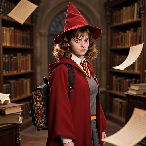 CGI image of a young woman with curly brown hair, wearing a red witch hat and cloak, grey dress, and yellow tie, standing in a