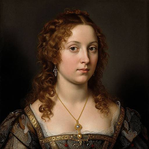 Renaissance portrait of a fair-skinned woman with curly brown hair, wearing a lace-trimmed dress, gold necklace, and diamond earrings,