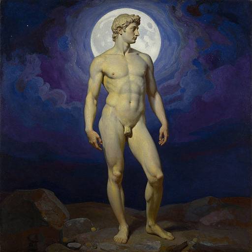 Photorealistic digital painting of a nude, muscular, classical-style male statue with detailed genitals, standing on rocky ground, under a glowing full moon in
