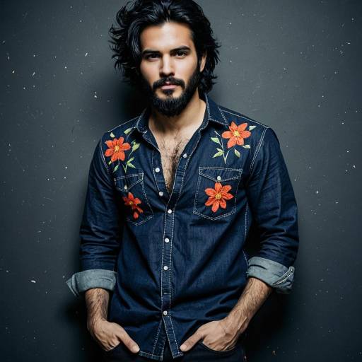Man in Floral Embroidered Denim Shirt