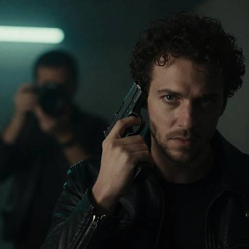 Intense Man with Gun and Neon Background