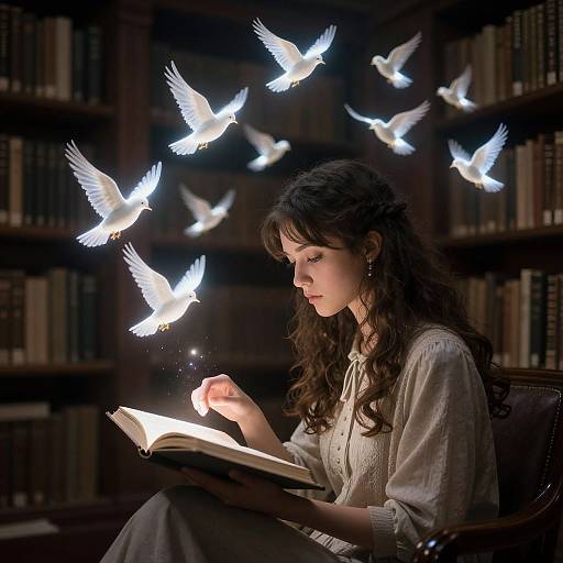 Photograph of a curly-haired woman in a white blouse, reading a book in a dimly lit library, surrounded by glowing white doves.