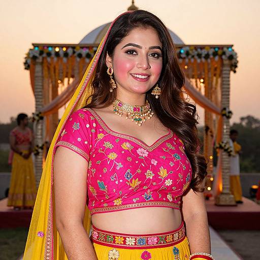 Photograph of a smiling South Asian woman in a vibrant pink and yellow traditional outfit with intricate embroidery, gold jewelry, and a yellow veil, standing in