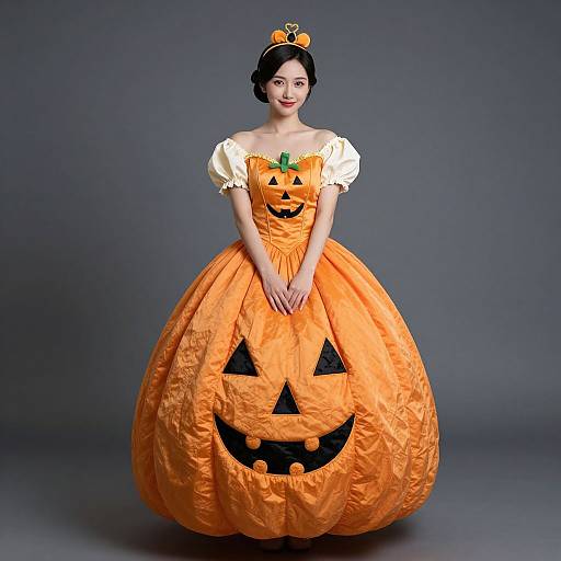 Photograph of a young woman in an elaborate, orange, pumpkin-shaped ball gown with a Jack-o'-lantern face, white puffed sleeves,