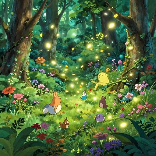 Whimsical forest scene: colorful flowers, glowing fireflies, and adorable animals, including a fox, rabbit, and yellow bird, under towering trees