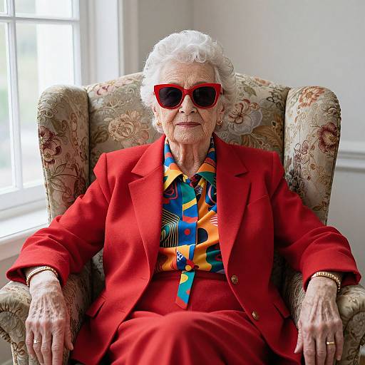 Elderly woman with white curly hair, red sunglasses, vibrant red suit, and colorful tie, sits confidently in floral armchair.
