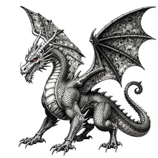 Black-and-white digital drawing of a detailed, fierce dragon with spiked scales, large wings, and sharp claws, standing in a powerful pose.