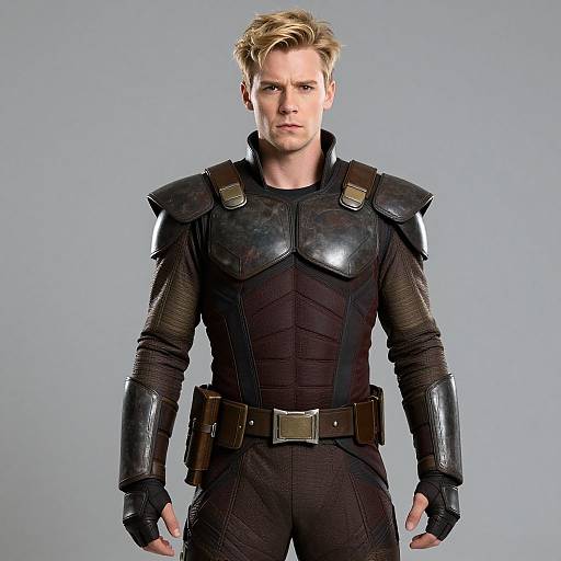 Photograph of a blond, muscular man with light skin wearing dark, metallic armored suit, black gloves, and brown belt, standing against a plain grey