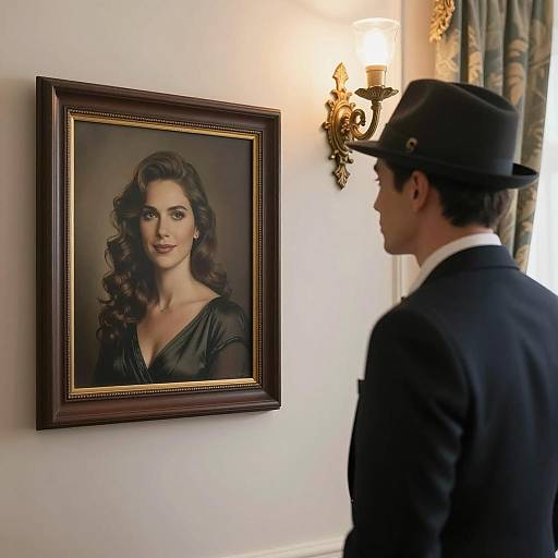 Mysterious Man Gazes at Portrait