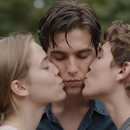 Intimate Close-Up of Three Friends Kissing