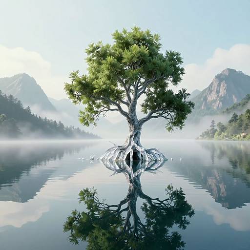 Digital artwork of a solitary, reflective tree standing in a calm, misty lake, with mountains and forest in the background.