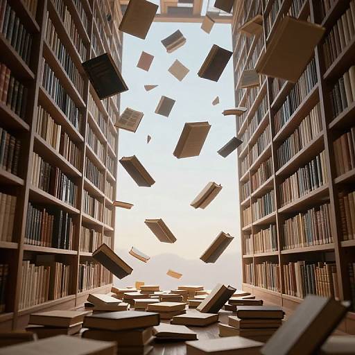 Photograph of a tall, narrow library aisle with floating books, surrounded by wooden bookshelves on both sides, leading to a bright, sunlit
